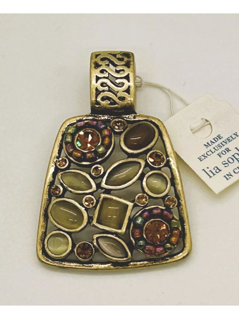 Lia Sophia Tapestry Slide Pendant Antique Gold Tone Gemstone Crystal Boho Ornate